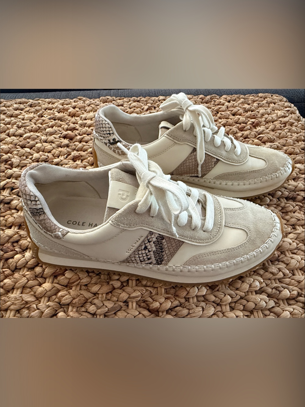 Cole Haan Cream & Taupe Snake-Accent Lace-Up Sneakers